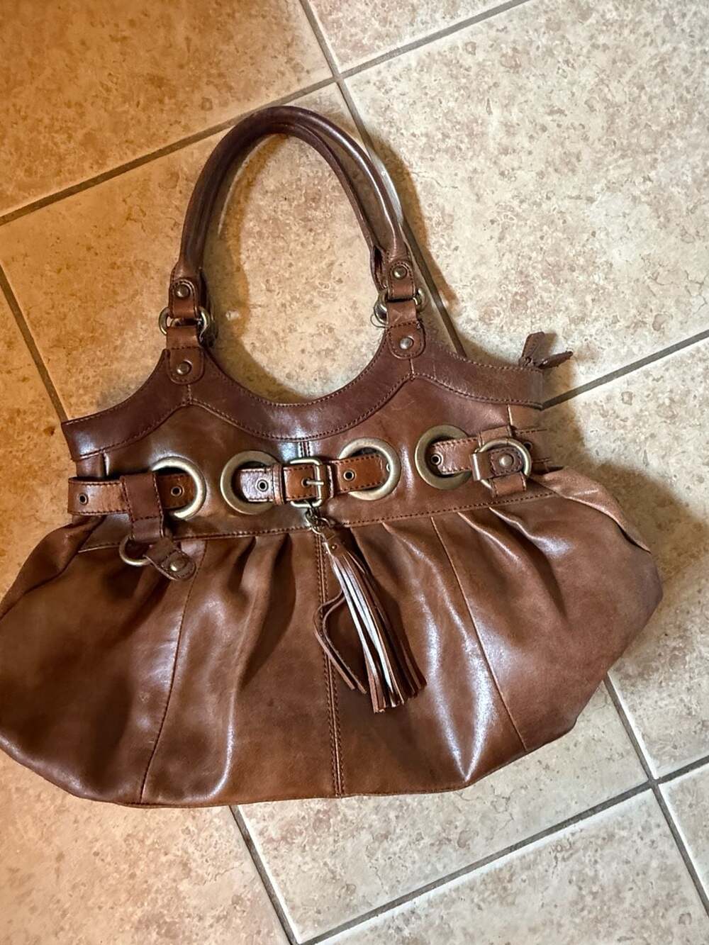 Hype Brown Leather Grommet Belt Tassel Hobo Shoulder Bag